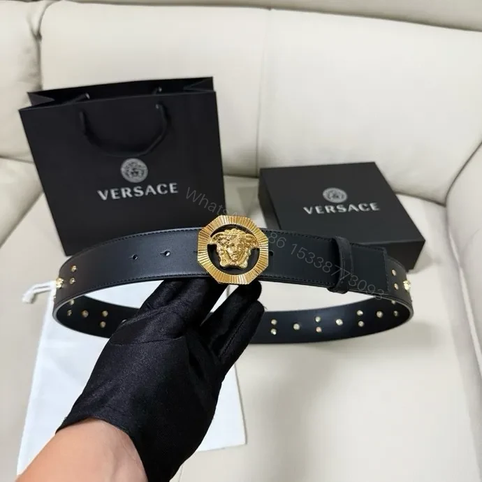 View 6 of Gold Lion Buckle Belt - Black Leather, Studded, Designer-Inspired Style