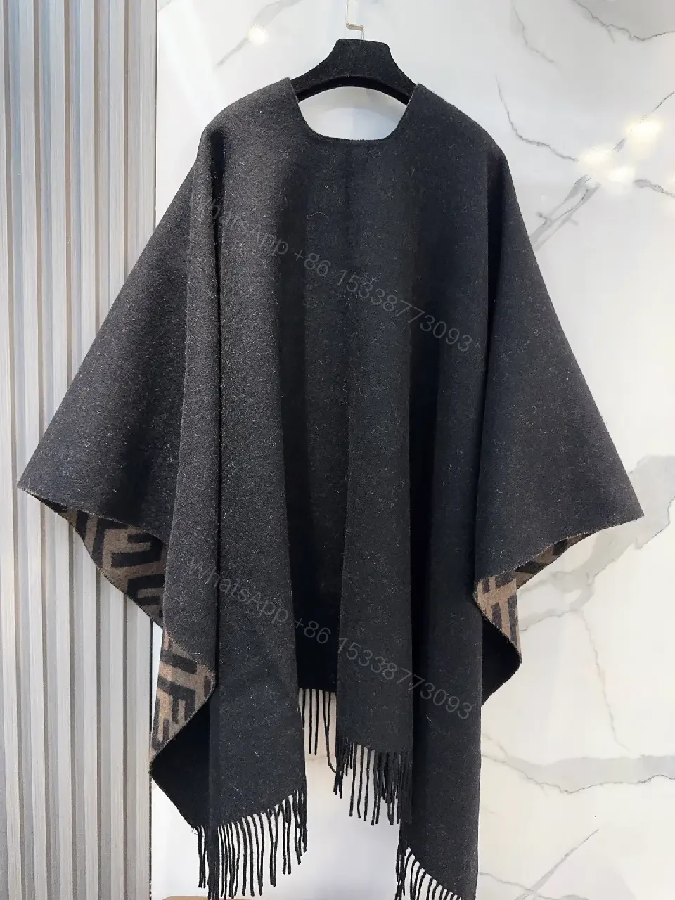 View 8 of Chic Monogram Wool Poncho with Fringe Details