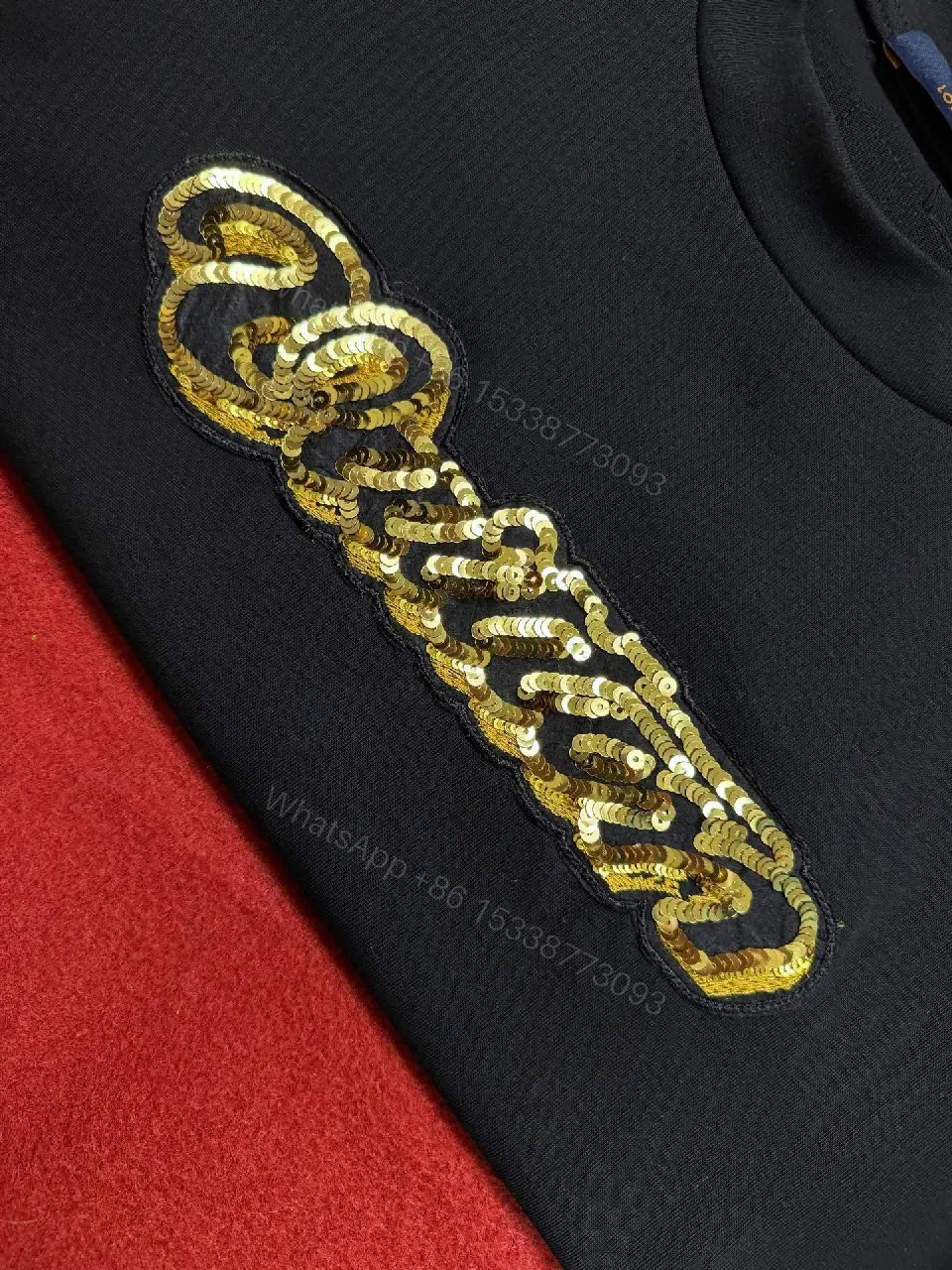 View 8 of Black Cotton Tee with Gold Sequin Logo, Luxe Everyday Streetwear