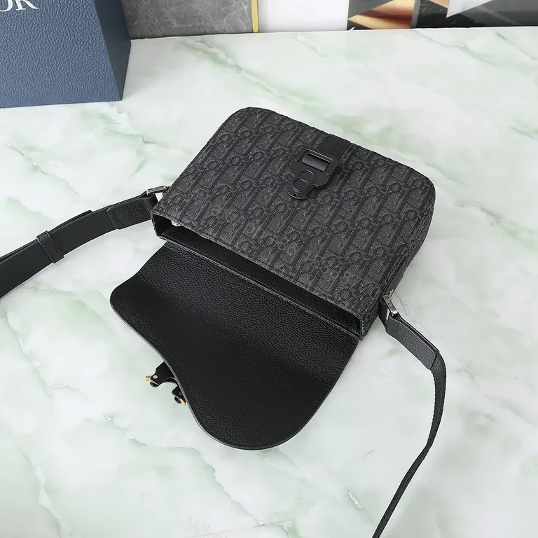 View 4 of Charcoal Leather-Accent Dior-Style Crossbody Bag with Buckle Closure