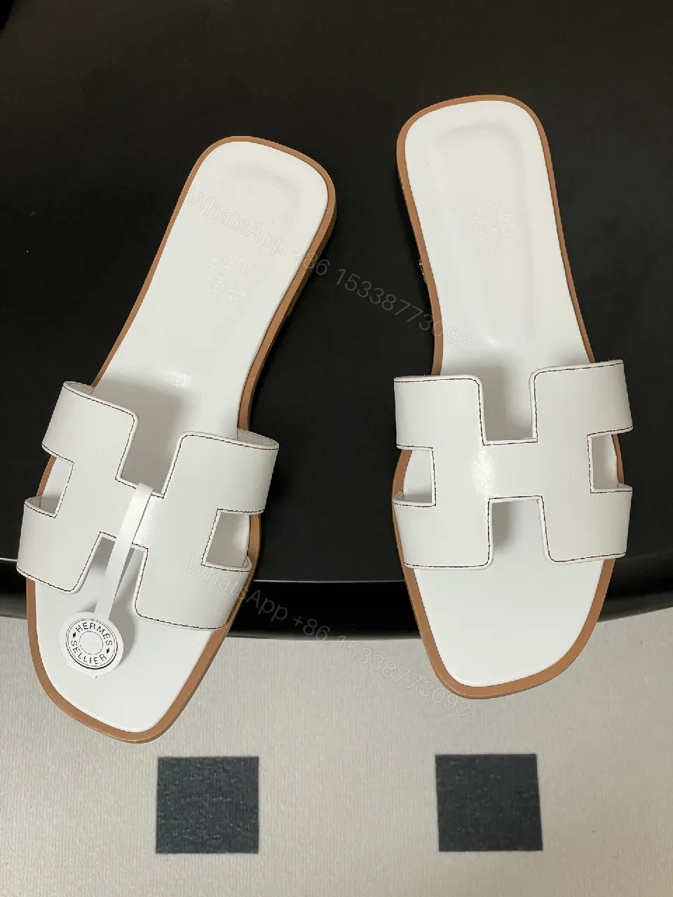 View 2 of White Leather Sandals, H-Cutout, Open-Toe, Comfortable Footbed