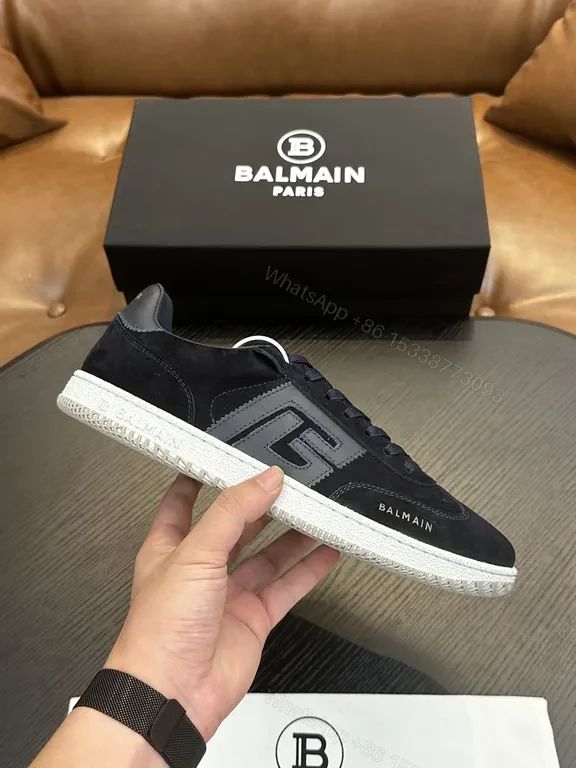 View 9 of Black/Gold Balmain-Style Low-Top Sneakers, Replica, Dark Blue Laces