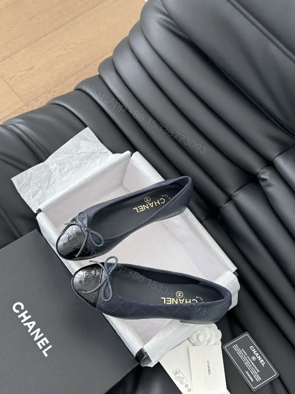 View 3 of Navy Velvet Ballet Flats with Logo Bow – Luxe Comfort