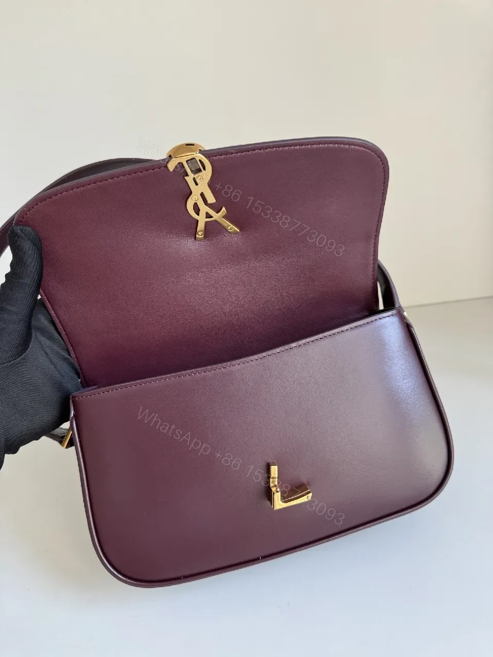 View 9 of Burgundy Leather Structured Bag with Gold Clasp Leather Bag