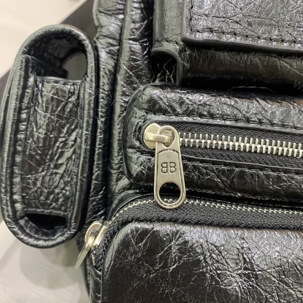 View 8 of Textured Leather Crossbody: Balenciaga-Inspired, City-Chic, Multi-Pocket Crossbody Bag