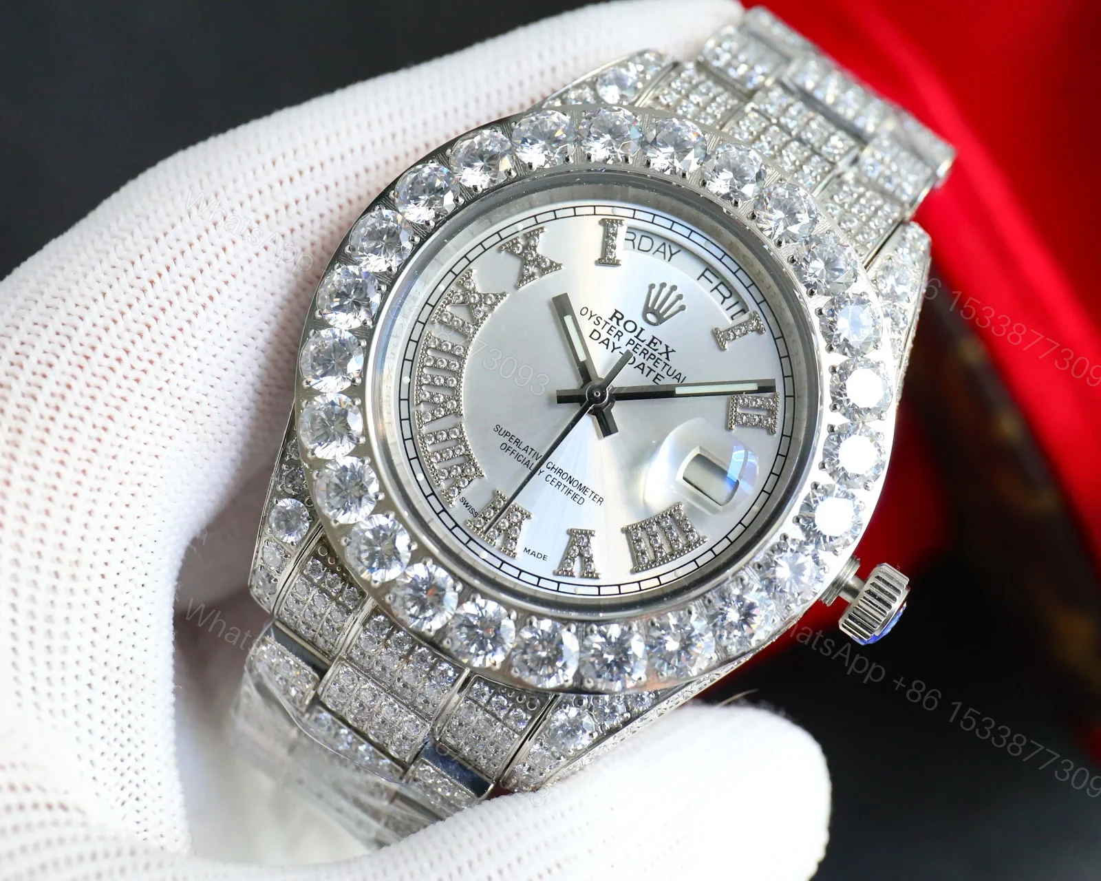 View 4 of Rolex Day-Date Red Diamond Replica 42MM Premium Iced Full Steel Bracelet Edition RG-ROLEX-DD-RED-DIA-ICED-STL-42