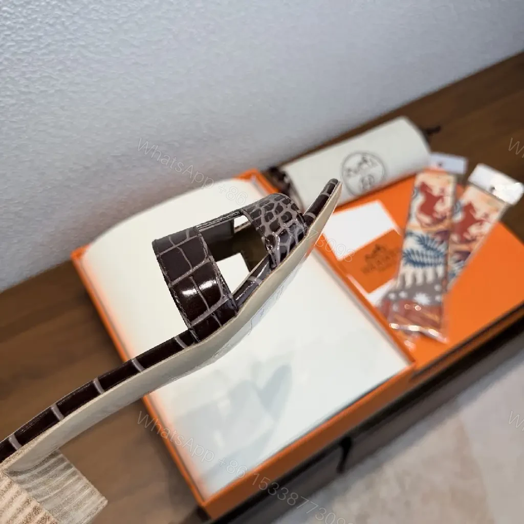 View 8 of Brown Croc-Embossed Leather Slip-Ons with Signature Footbed, Hermes Style