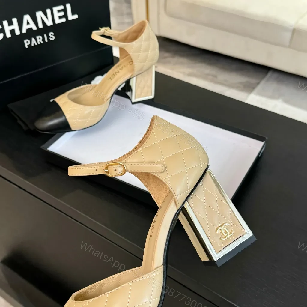 View 6 of Two-Tone Quilted Heels with Ankle Strap, Block Heel, Luxe Quilting
