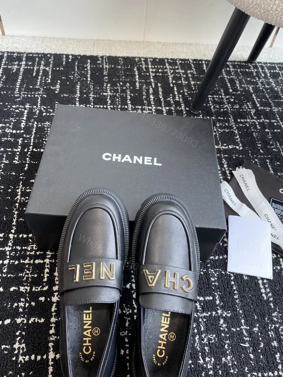 View 3 of Black Leather Loafers with Oversized Gold Logo, Luxe-Edged, Slip-On Shoes