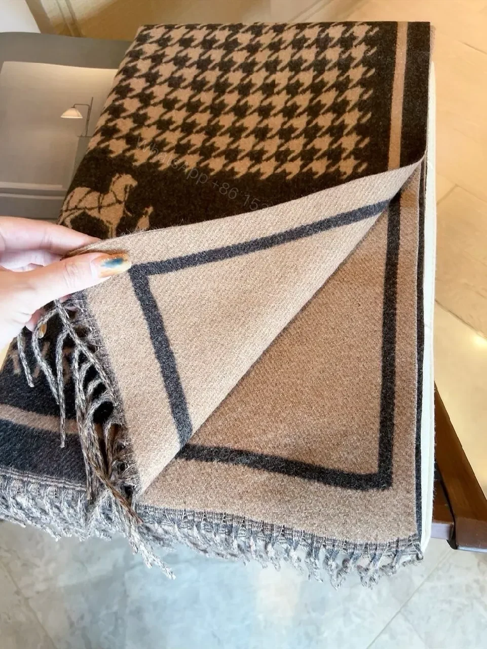 View 6 of Two-Tone Hermes-Inspired Knit Throw Blanket with Fringe