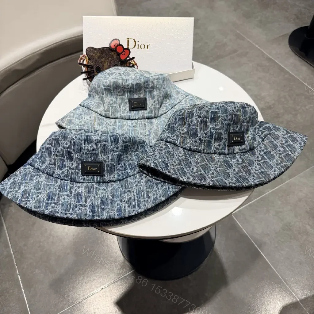 View 2 of Denim-Texture Bucket Hat with Monogram Detail, Luxury Everyday