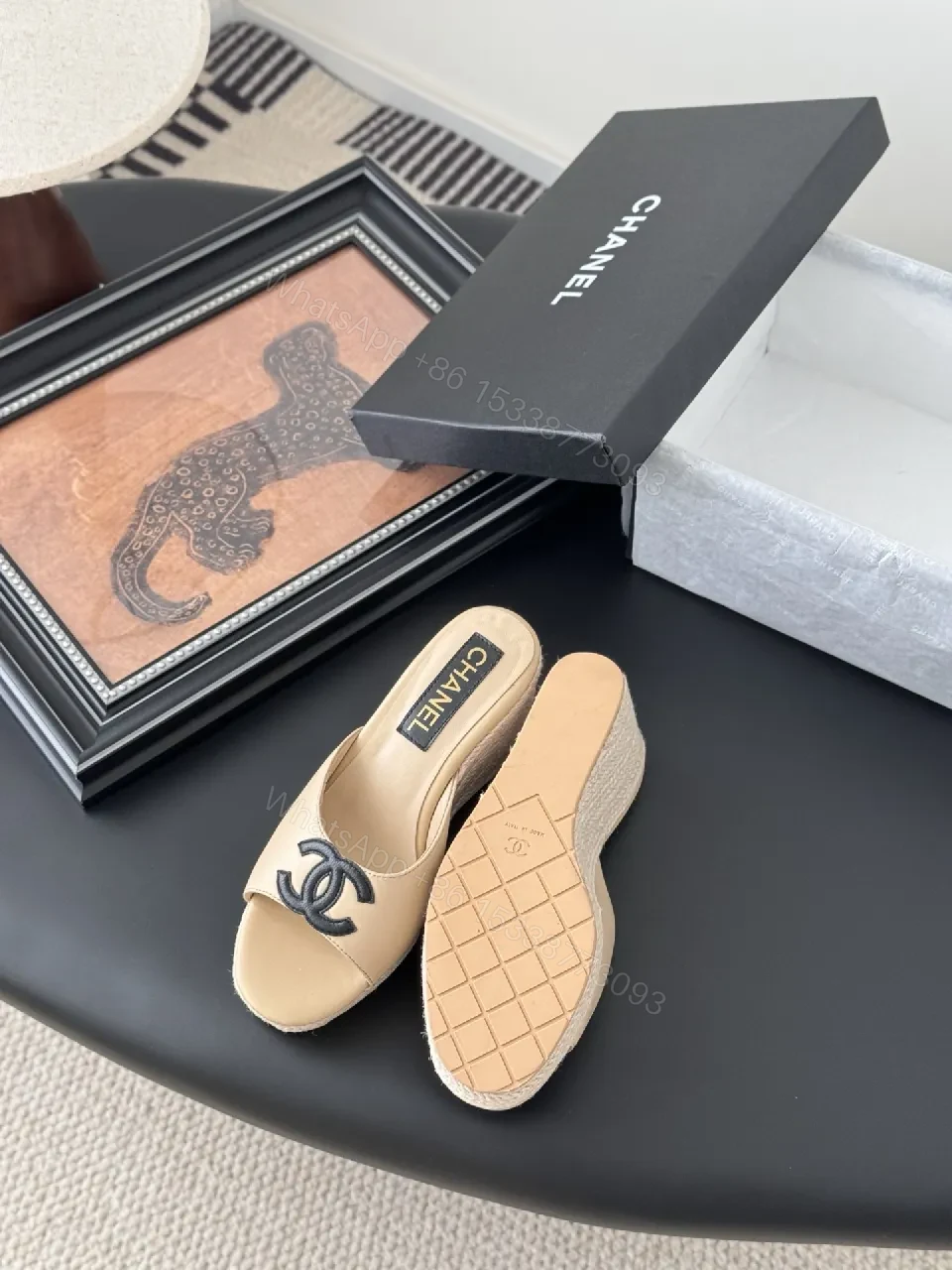 View 2 of Beige Leather Wedge Mules – Subtle Logo Elevation Shoes