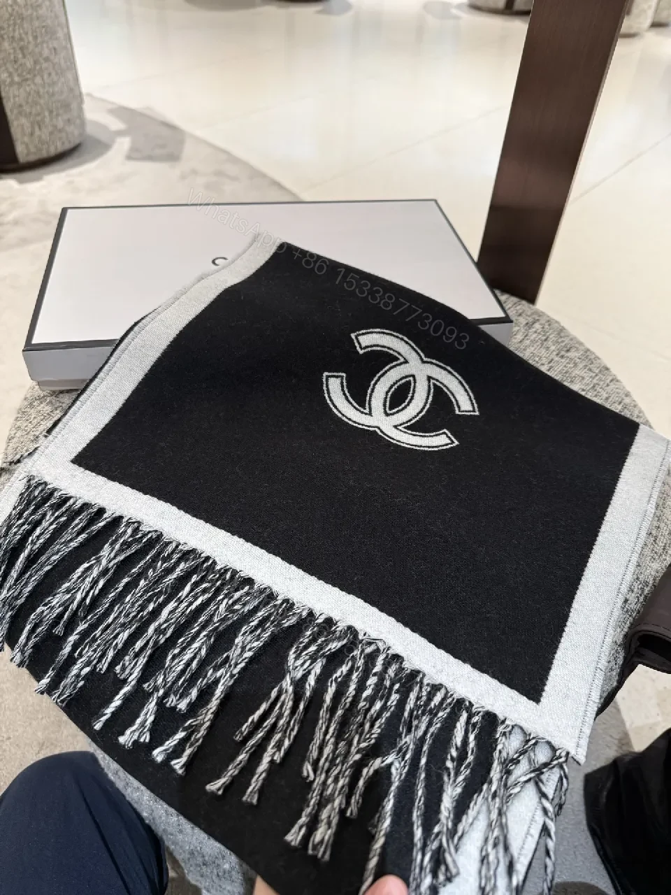 View 7 of Monochrome Knit Scarf: Two-Tone Luxe, Fringed Edge, Logo Motif