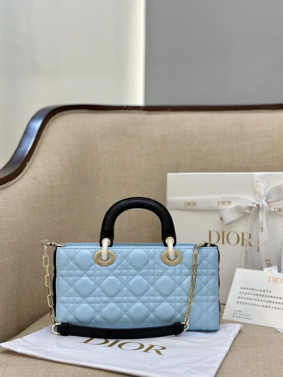 View 6 of Dior D-Joy Women’s Handbag, Ice Blue Cowhide Leather, Like Auth 26cm