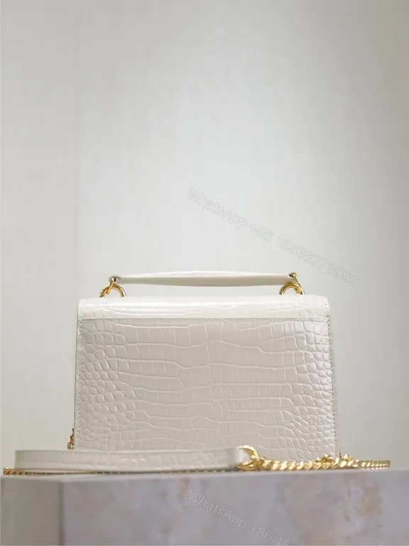 View 8 of Croc-Embossed Mini Bag with Gold YSL Logo, White