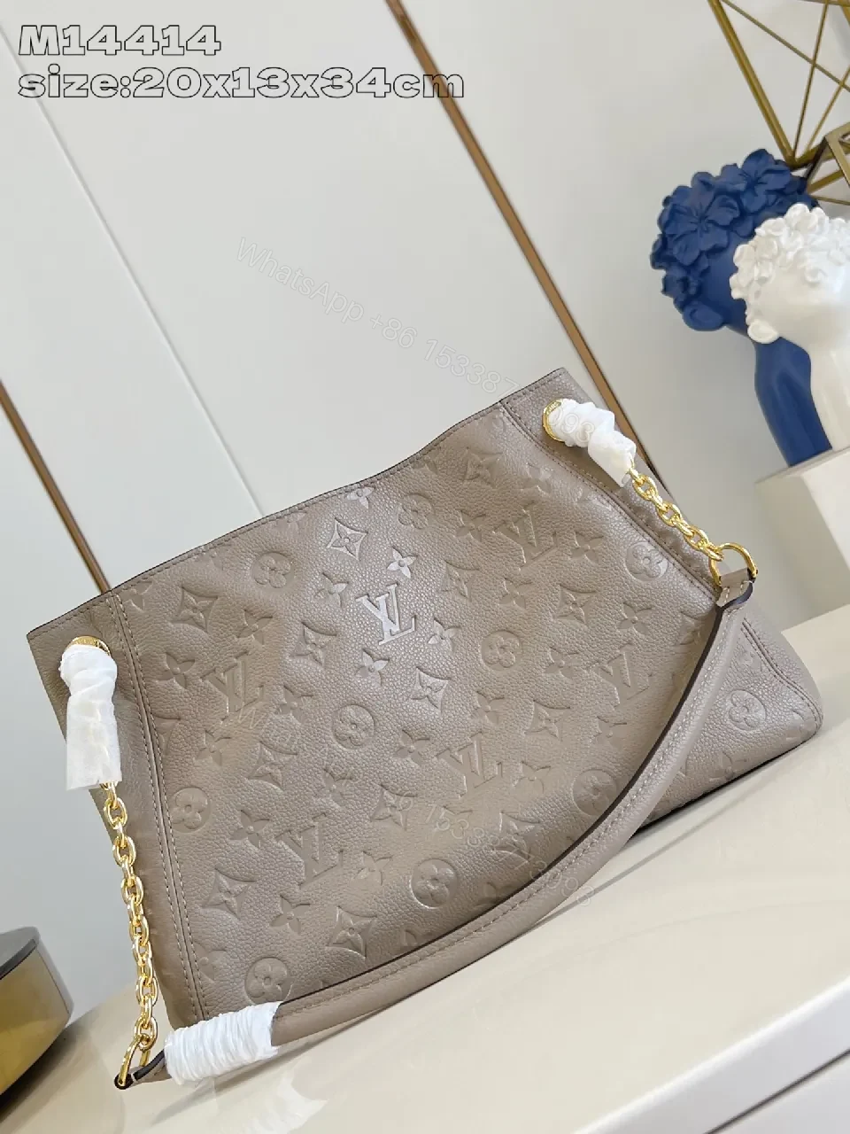 View 6 of Taupe Quilted Chain Bag - Luxurious Monogram-Style Satchel