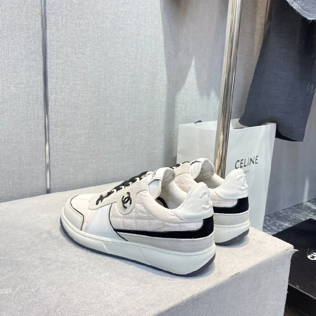 View 3 of White Leather-Trim Sneaker with Quilted Detail, Luxury Casual Sneaker