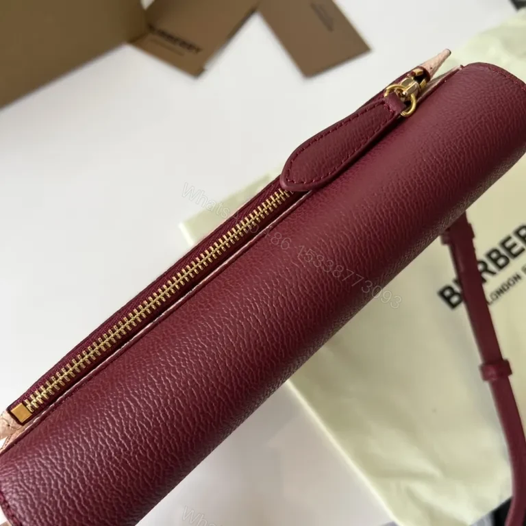 View 7 of Burberry Burgundy Leather Plaid Crossbody Bag with Gold Accent