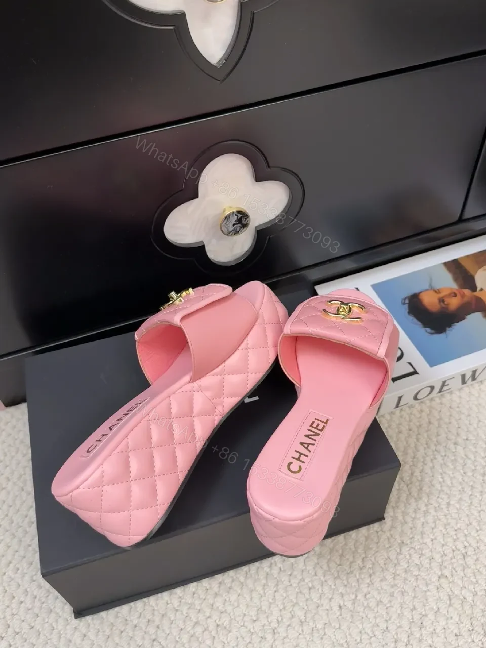 View 8 of Pink Quilted Sandals with Gold Logo: Chic Comfort Sandals