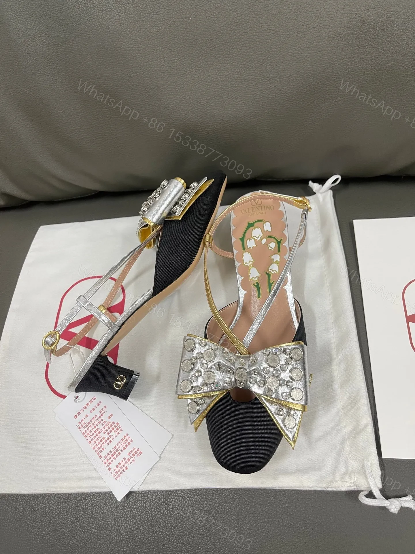 View 6 of Valentino Women Black Silver Leather Bow Slingback Flats