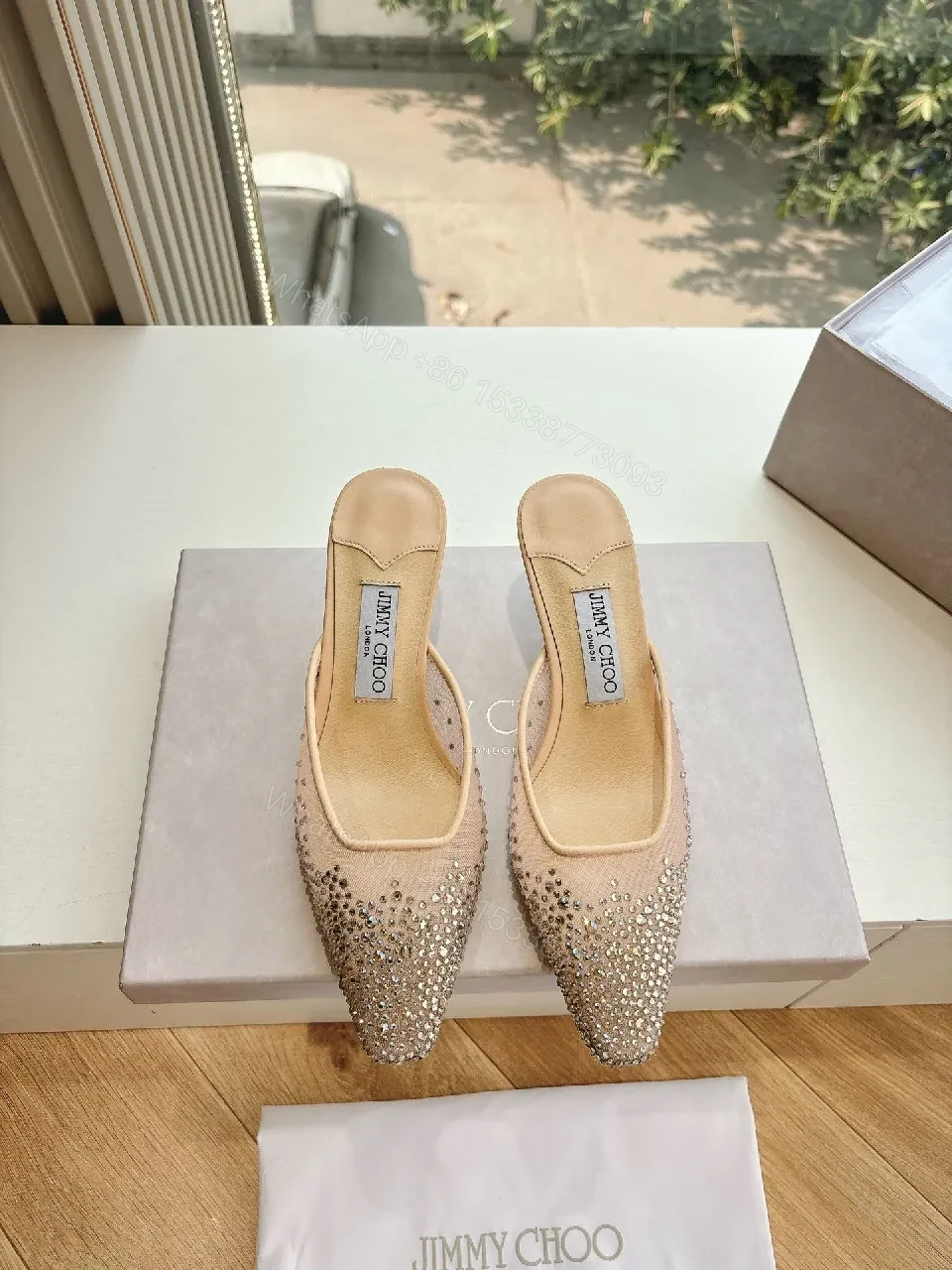 View 3 of Beige Beaded Pointed-Toe Mules — Luxe Crystal Shine