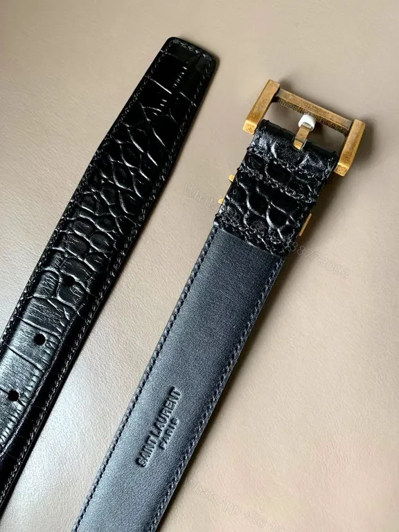 View 5 of Crocodile-Texture Belt with Signature Gold YSL Buckle