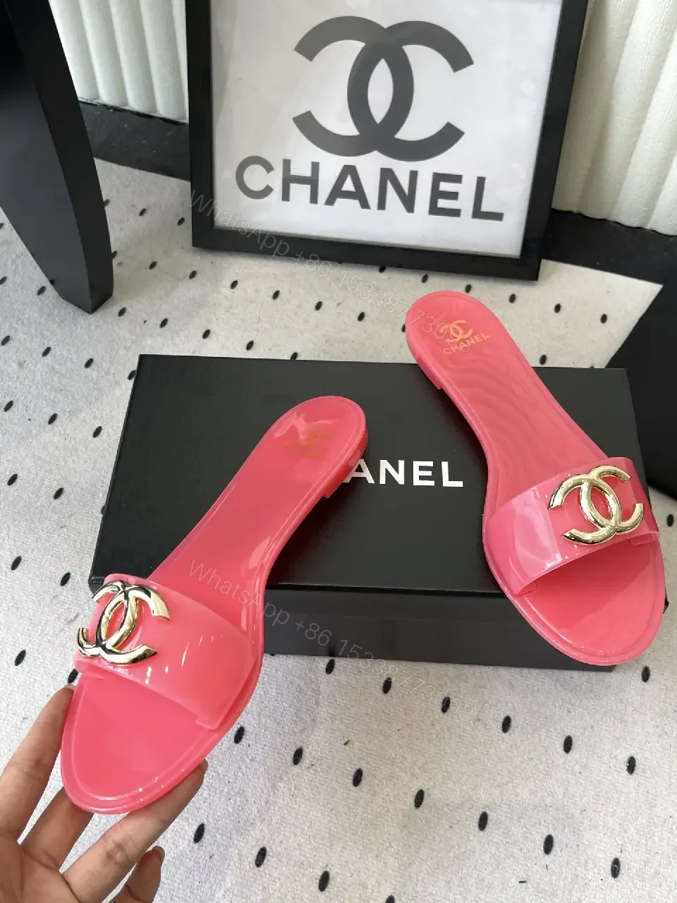 View 6 of Pink Plastic Slide Sandals Gold Logo Chanel Style Luxury Comfort Sandals