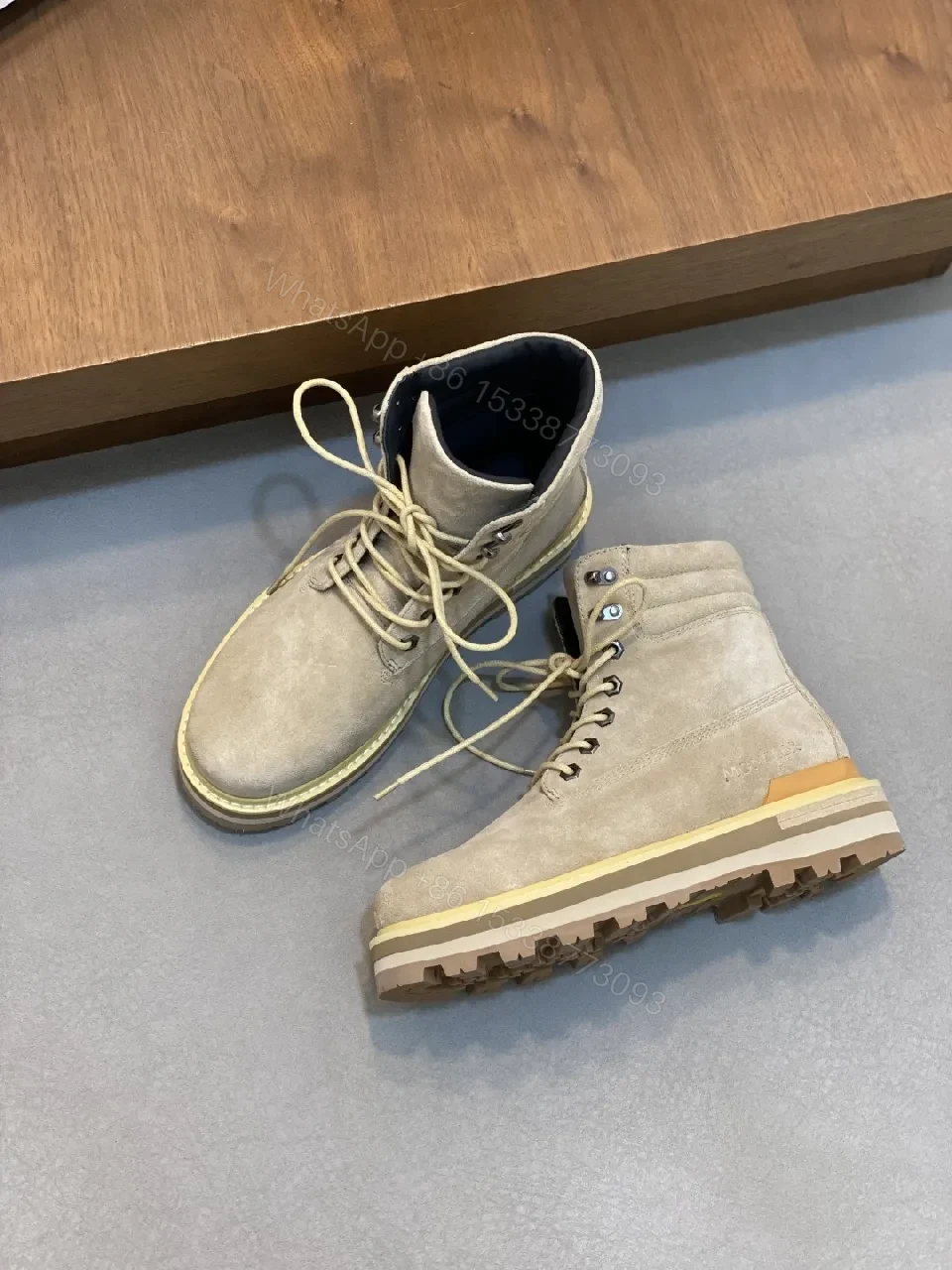 View 6 of Beige Suede High-Top Boots with Rugged Sole - Modern Comfort