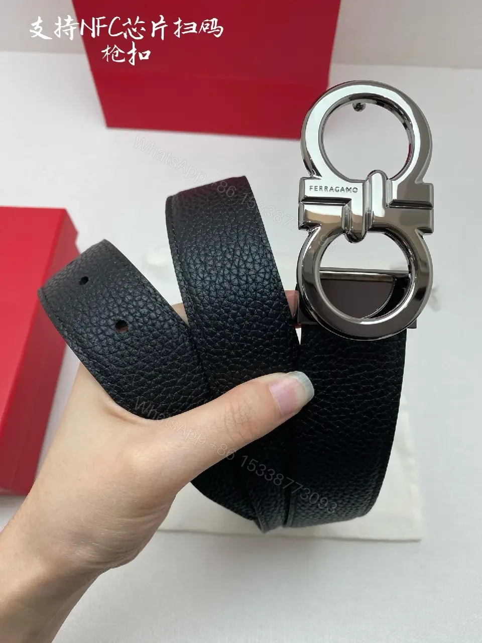 View 3 of Lux Leather Belt with Double-Gancini Buckle - Black Leather, Men’s Style