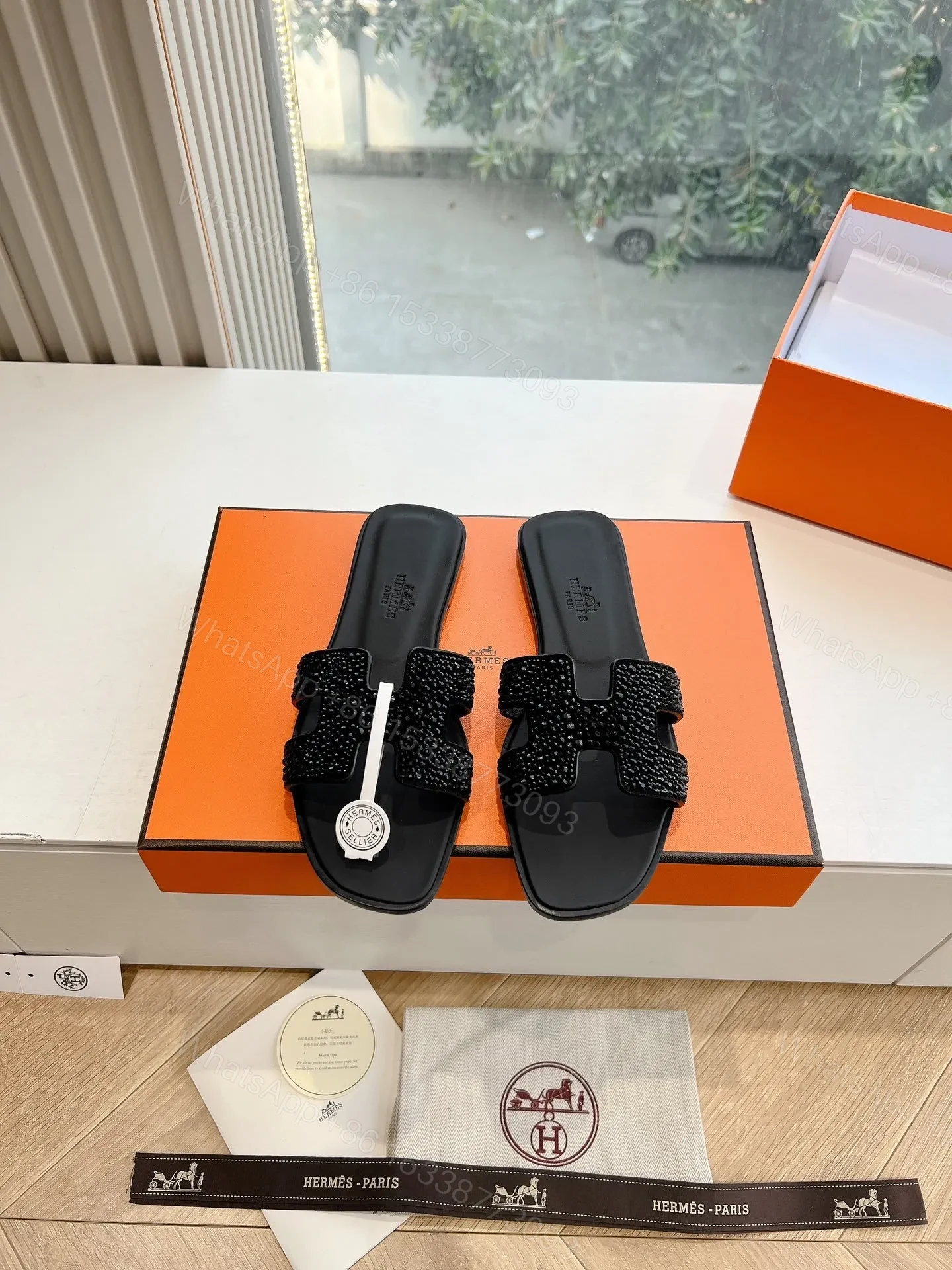 Hermes Women Black Leather Embellished Slippers — view 1