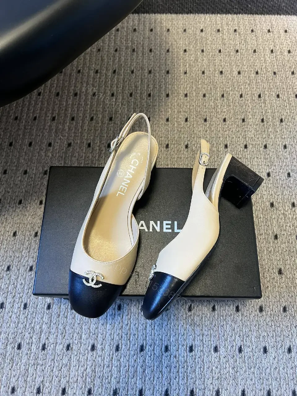 View 6 of Two-Tone Slingbacks with Logo Detail - Leather Heels