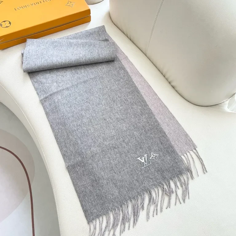 View 8 of Soft Luxury Scarf - Knit, Fringe, LV-Influenced Emblem - 5 Colors - 60s Luxe