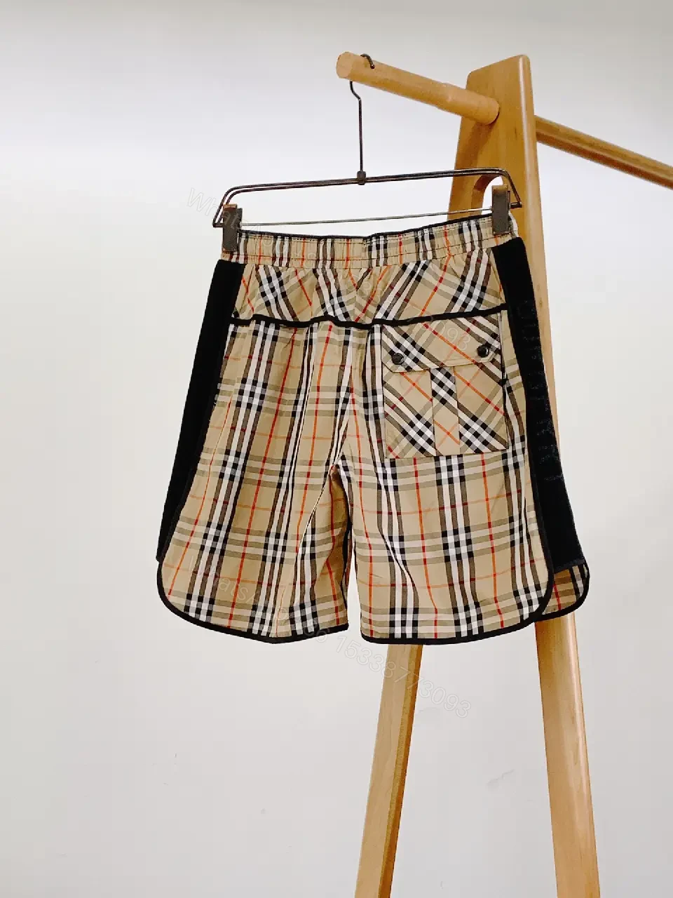 View 10 of Beige Plaid Cotton Sport Shorts with Pockets