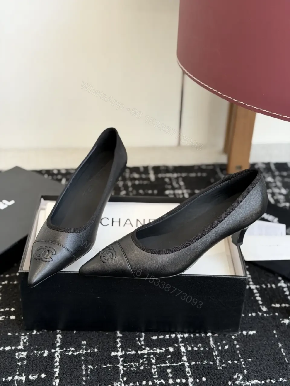 View 9 of Black Leather Pointed-Toe Pumps Chanel Logo Pumps