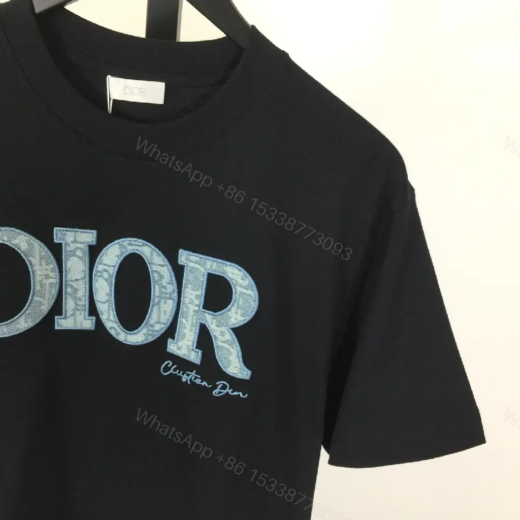 View 2 of Black Denim-Print Tee with Dior Logo, Casual Loose Fit
