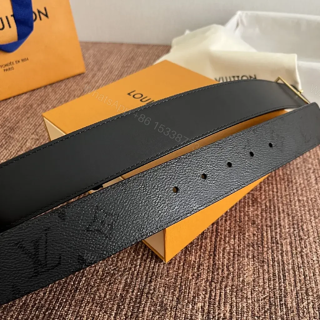 View 9 of Black Pebbled Leather Belt with Gold LV Buckle - Classic Luxury