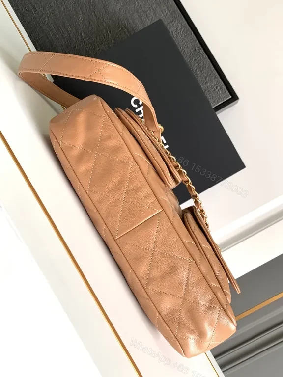 View 5 of Soft Quilted Leather Bag with Gold Chain Strap â€“ Camel Luxe Bundle (60)