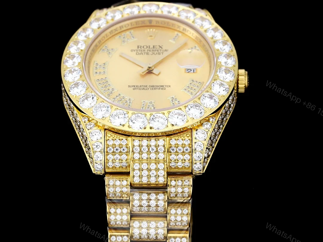 View 3 of Rolex Day-Date Gold Champagne Iced Replica 42MM Premium Full Gold Bracelet Champagne Dial Edition RG-ROLEX-DD-GOLD-CHAMP-ICED-FULL-42