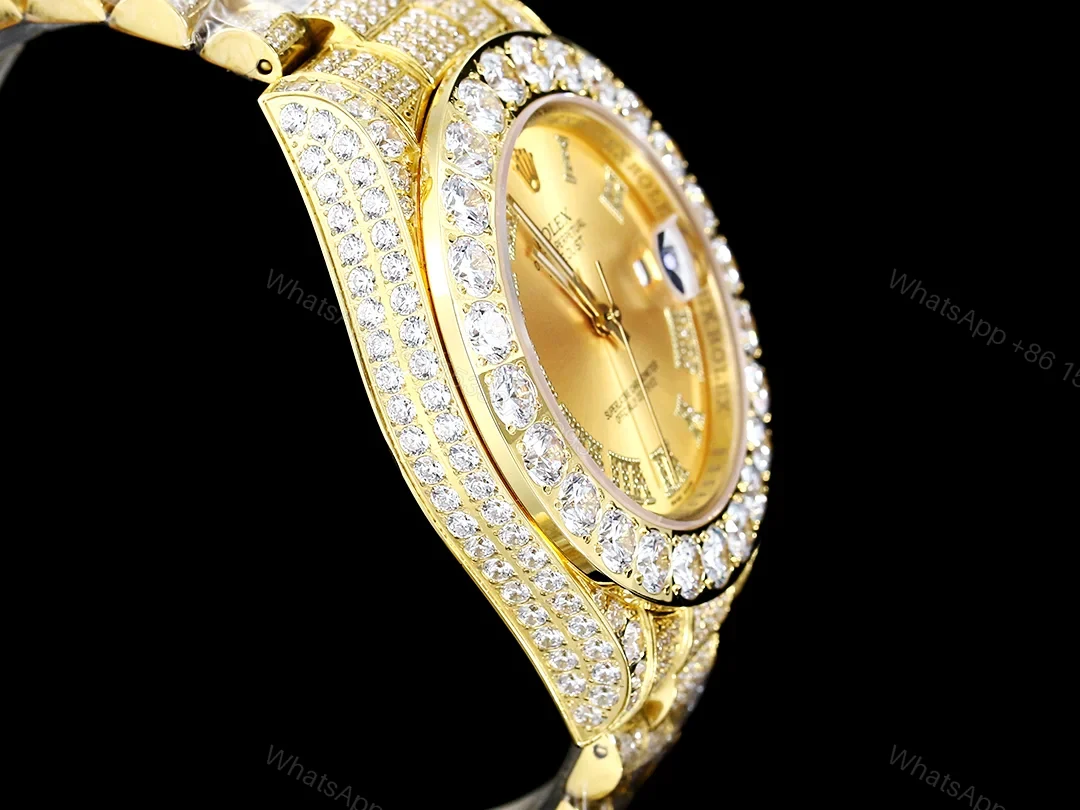 View 7 of Rolex Day-Date Gold Champagne Iced Replica 42MM Premium Full Gold Bracelet Champagne Dial Edition RG-ROLEX-DD-GOLD-CHAMP-ICED-FULL-42