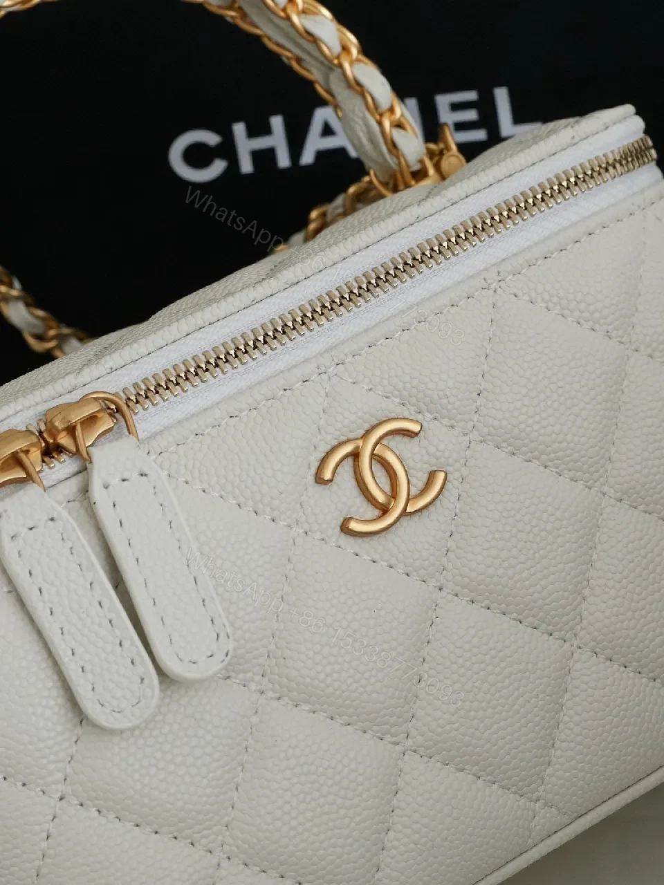 View 4 of White Quilted Mini Bag with Gold Chain