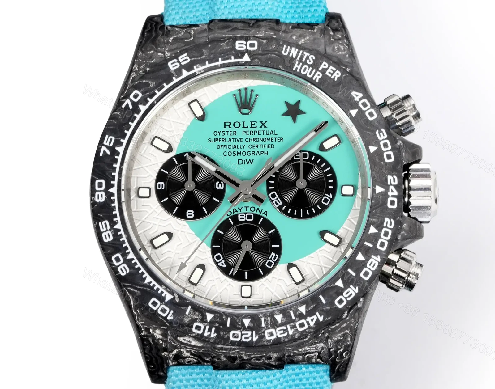 View 2 of Rolex Daytona Desert Sand Carbon Tiffany Edition Blue Strap Blue White Dial 40mm RG-DAYTONA-DESERT-SAND-TIFFANY