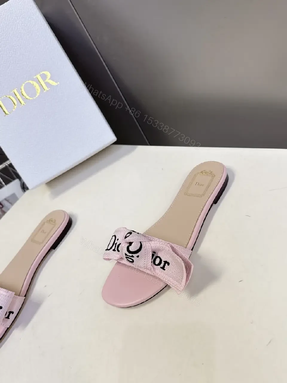 View 4 of Pink Satin Dior-Logo Bow Slip-Ons