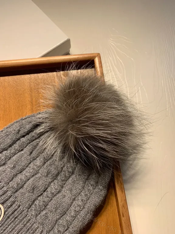 View 3 of Cozy Wool-Blend Beanie with Fur Pom â€” Moncler Style Warmth