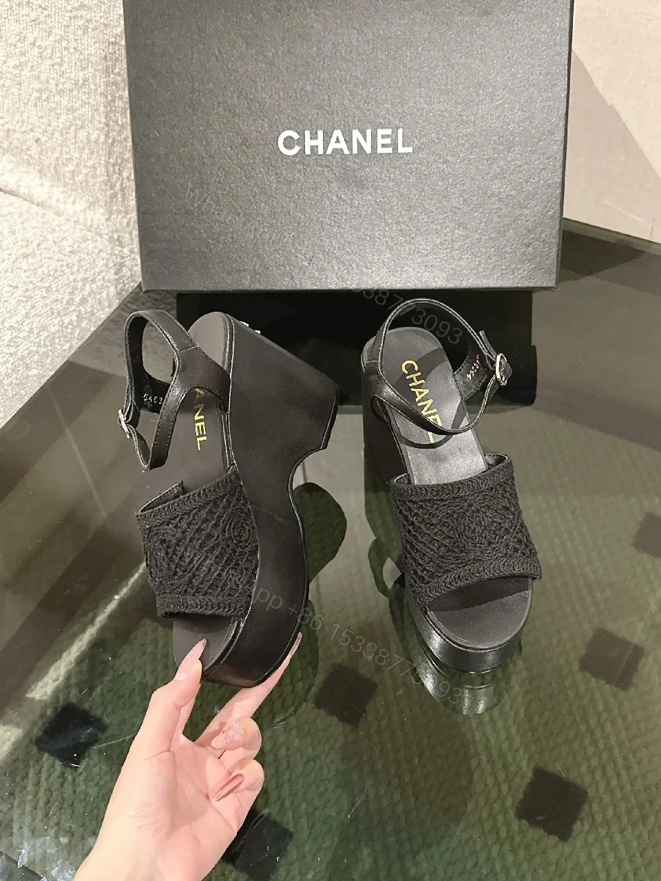 View 6 of Black Lace-Trim Platform Wedges, Open-Toe, Comfortable Elevation