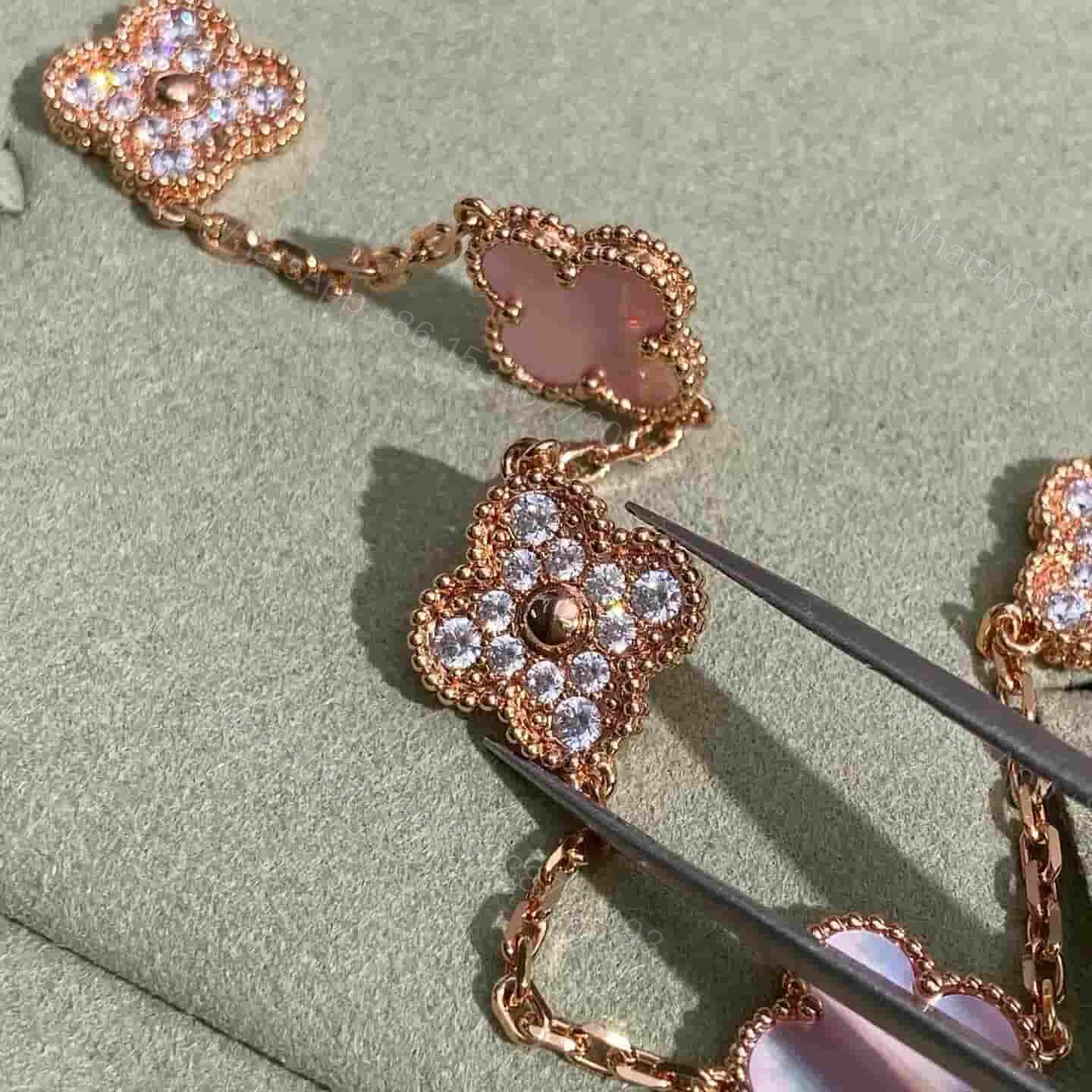 View 4 of VCA 18K Rose Gold Alhambra Necklace Pink Mother-Of-Pearl 10 Motifs Diamonds