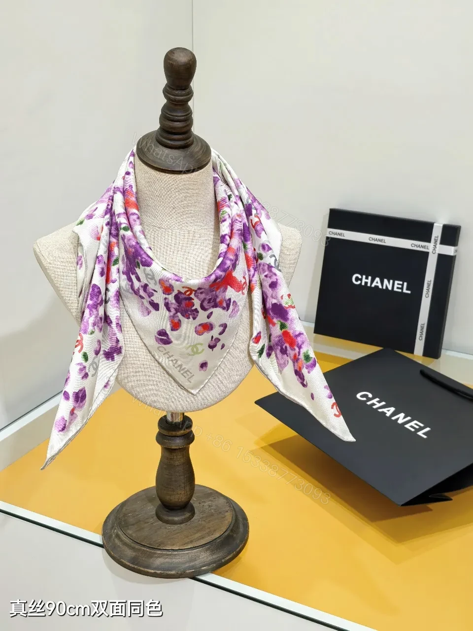 View 8 of Purple Silk Scarf: Floral Frame, Subtle Logo Detailing, 90cm square