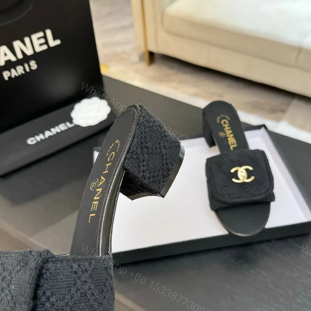 View 9 of Black Textured Slip-Ons with Gold Logo Hardware, Open-Back Slide