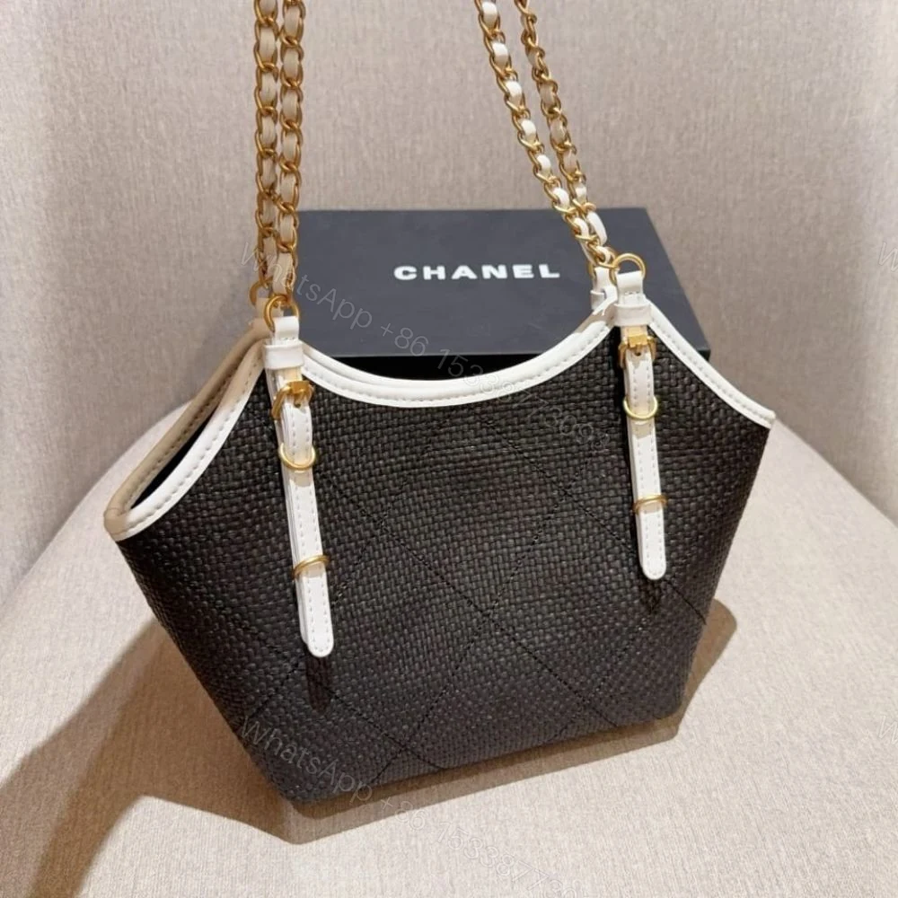 View 4 of Chanel Small Shopping Bag Braided Raffia Black And White 18Cm