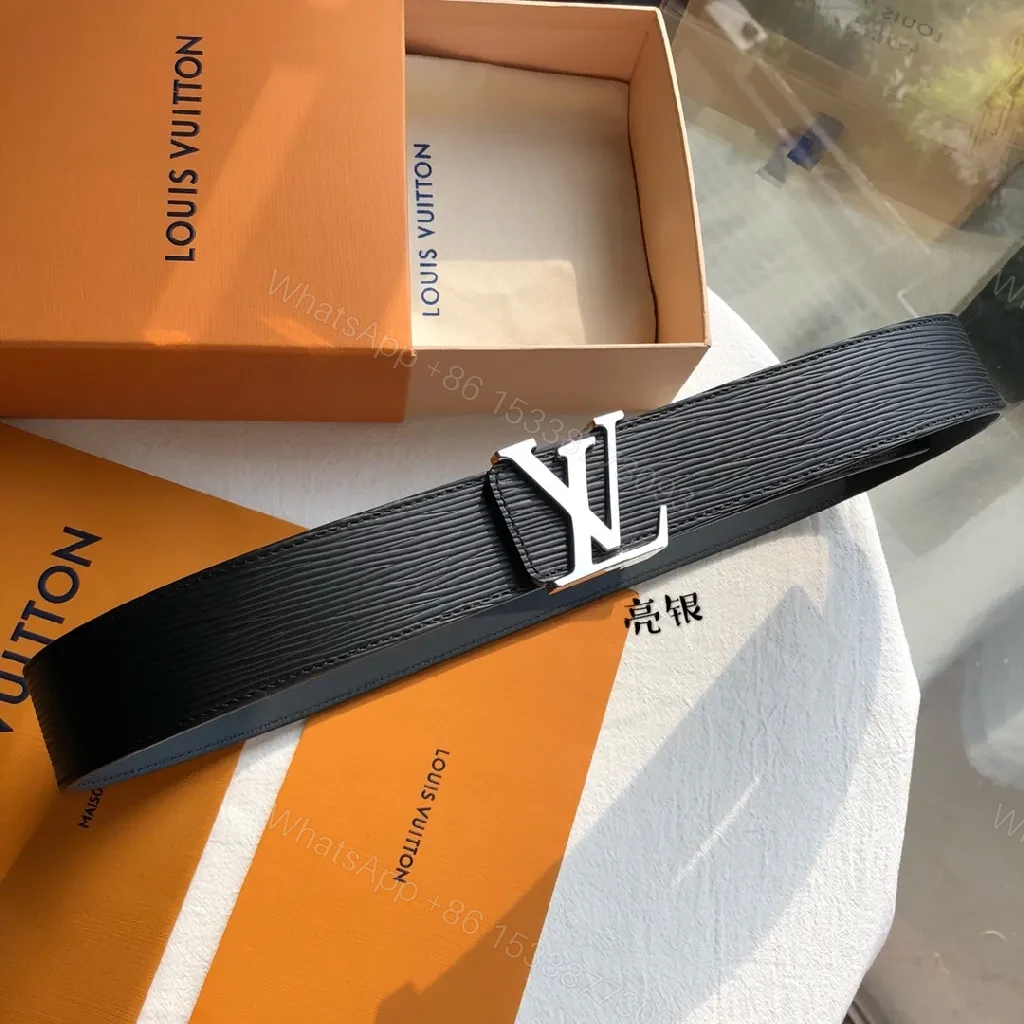 View 7 of Black Leather Belt with Signature LV-Style Buckle - Luxury Casual Belt