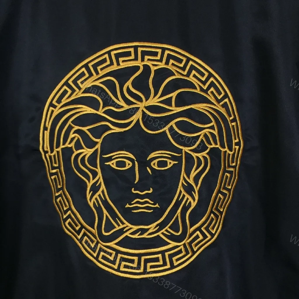 View 3 of Black Bomber Jacket - Versace Patch, Minimalist Edge, Windproof Outerwear